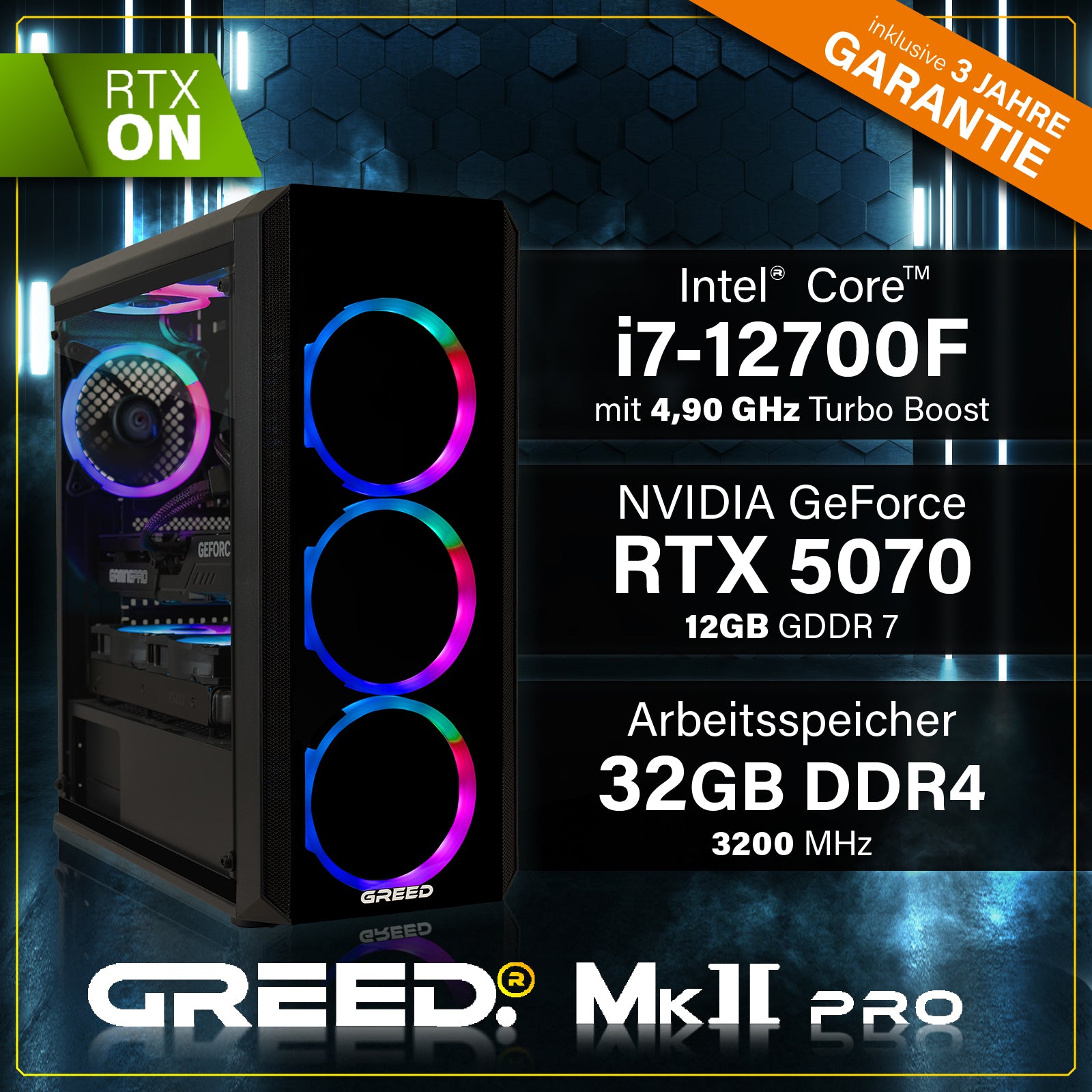 Greed®MK2 Pro INTEL - High End Gaming Computer, Gaming PC - Intel Core i7 12700KF + Nvidia Geforce RTX 5070 12 GB Greed®MK2 Pro INTEL - High End Gaming Computer, Gaming PC - Intel Core i7 12700KF + Nvidia Geforce RTX 5070 12 GB